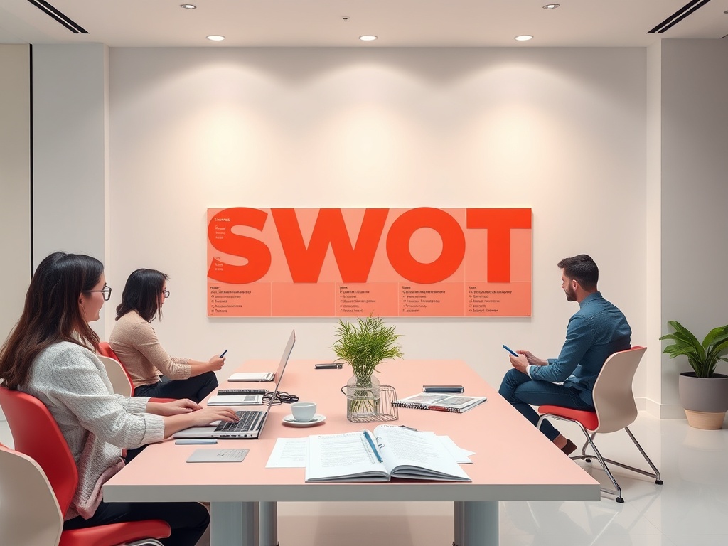 В офисе на встрече обсуждают SWOT-анализ. На стене представлен его ключевой элемент.