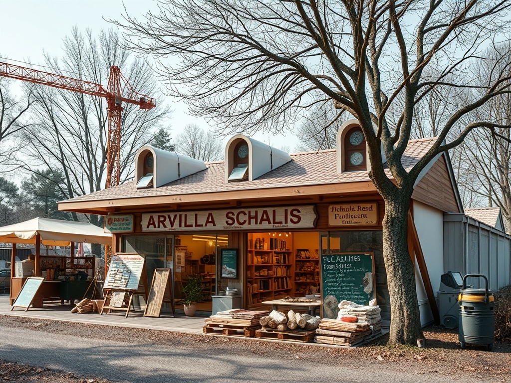 Магазин Arvilla Schalis с книгами и декором на фоне деревьев и строительного крана.