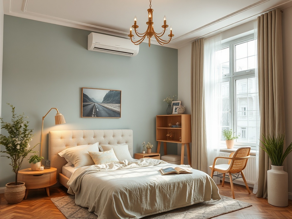 Современная спальня с уютной кроватью, растениями и ярким светом. Спокойная цветовая палитра и стильный декор.