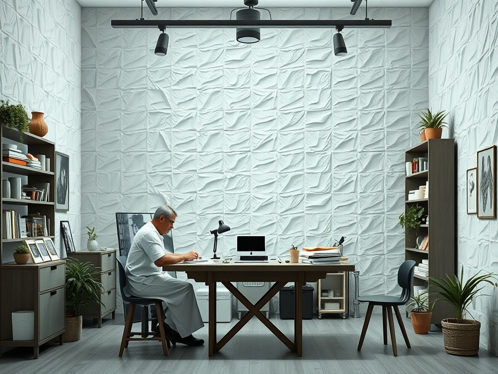 Мужчина в белом халате работает за деревянным столом в офисе с растениями и книгами на полках.