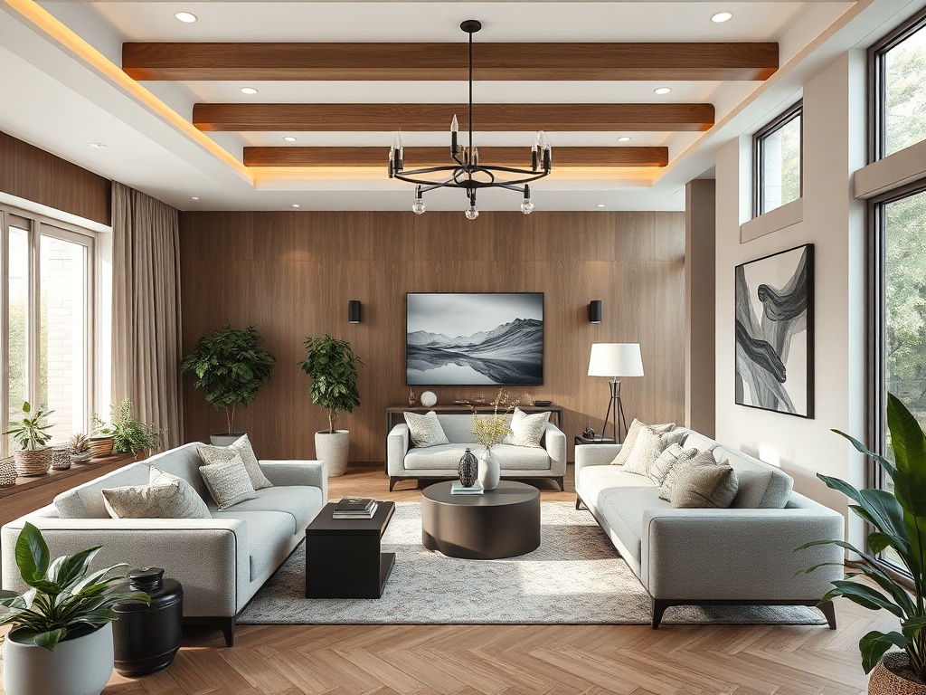 Современный светлый интерьер гостиной с мягкой мебелью и зелеными растениями. Стены из дерева, ковёр на полу.