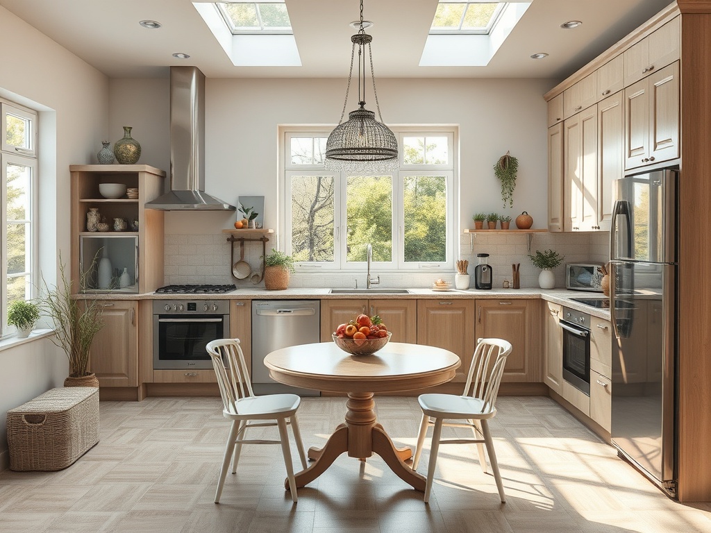 Светлая кухня с деревянной мебелью и круглым столом, украшенным фруктами, и большими окнами.