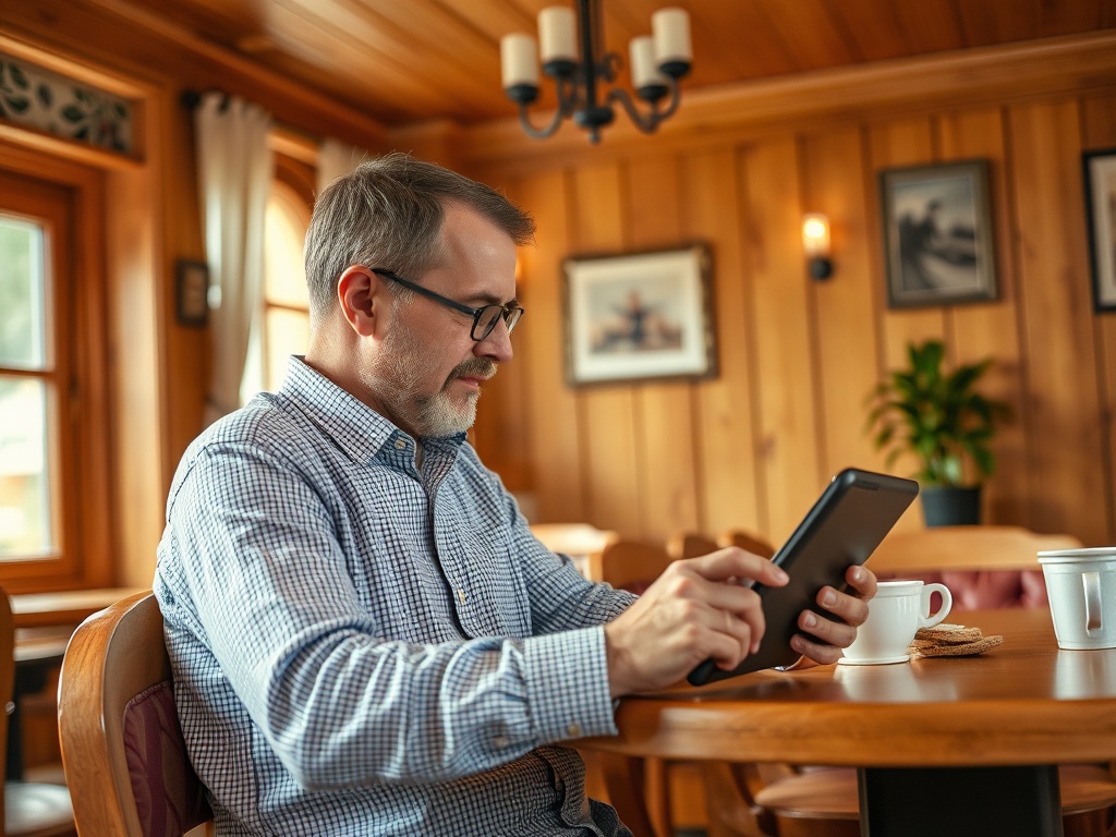 Мужчина в очках сидит за столом в кафе и использует планшет. На столе чашка и печенье.