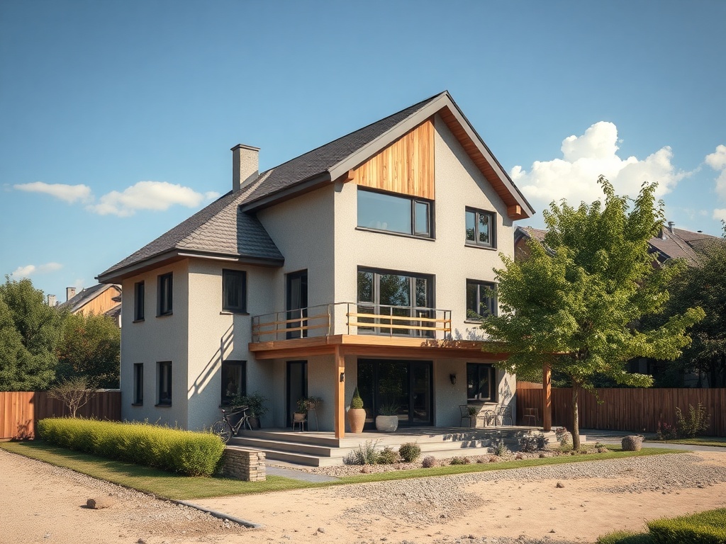 Современный дом с террасой и зелеными насаждениями на фоне ясного неба.