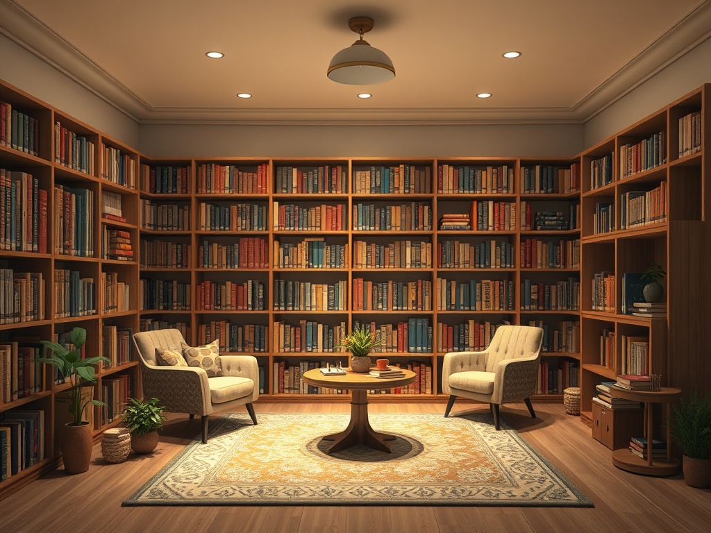 Уютная библиотека с книжными полками, двумя креслами и столом, украшенная растениями и светом.