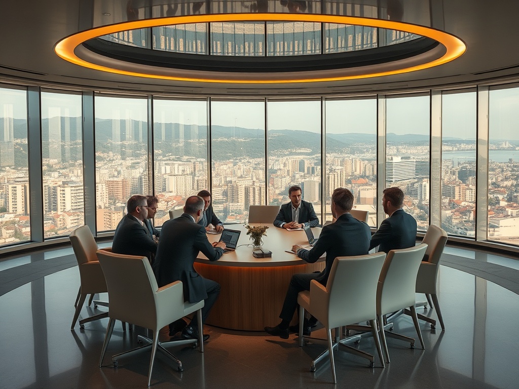 Совещание в современном офисе с панорамным видом на город и группу мужчин в деловых костюмах.