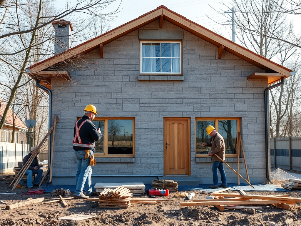 На стройплощадке два рабочих в касках занимаются отделкой нового дома. Вокруг строительные материалы.