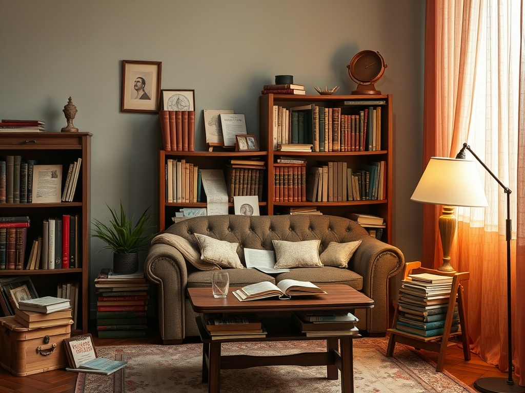 Уютная библиотека с книжными полками, диваном и теплыми тонами освещения. Идеально для чтения и отдыха.