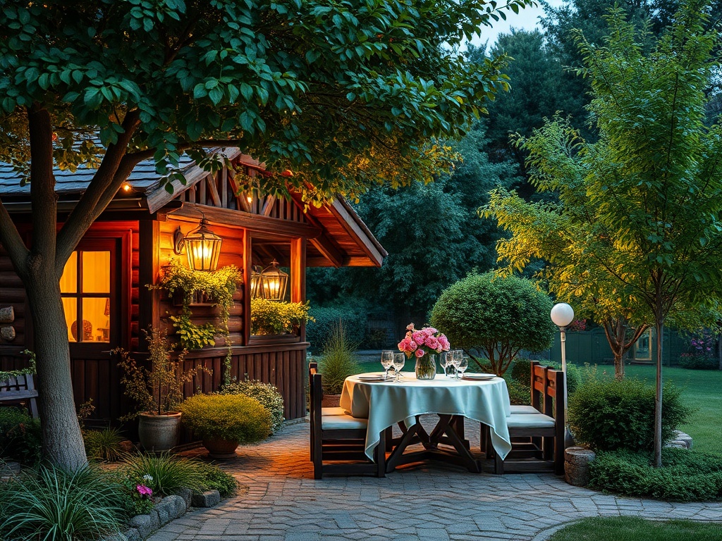 Уютный уголок с деревянным домом, столом и цветами, окруженный зеленью и приглушенным светом.