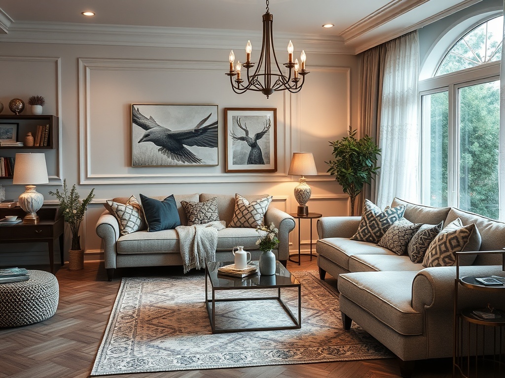 Уютная гостиная с двумя диванами, стильными картинами и светильниками, оформленная в светлых тонах.