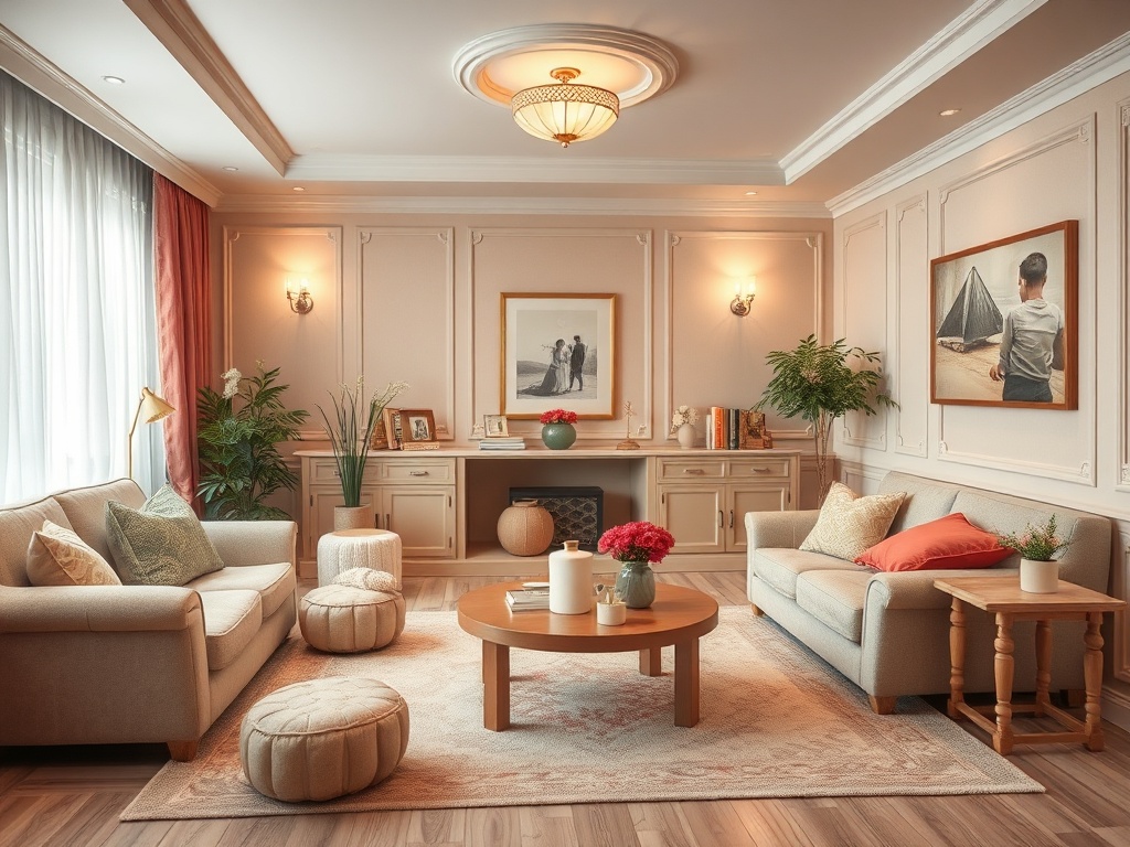 Уютная гостиная с диванами, столом и декоративными растениями, оформленная в светлых тонах.