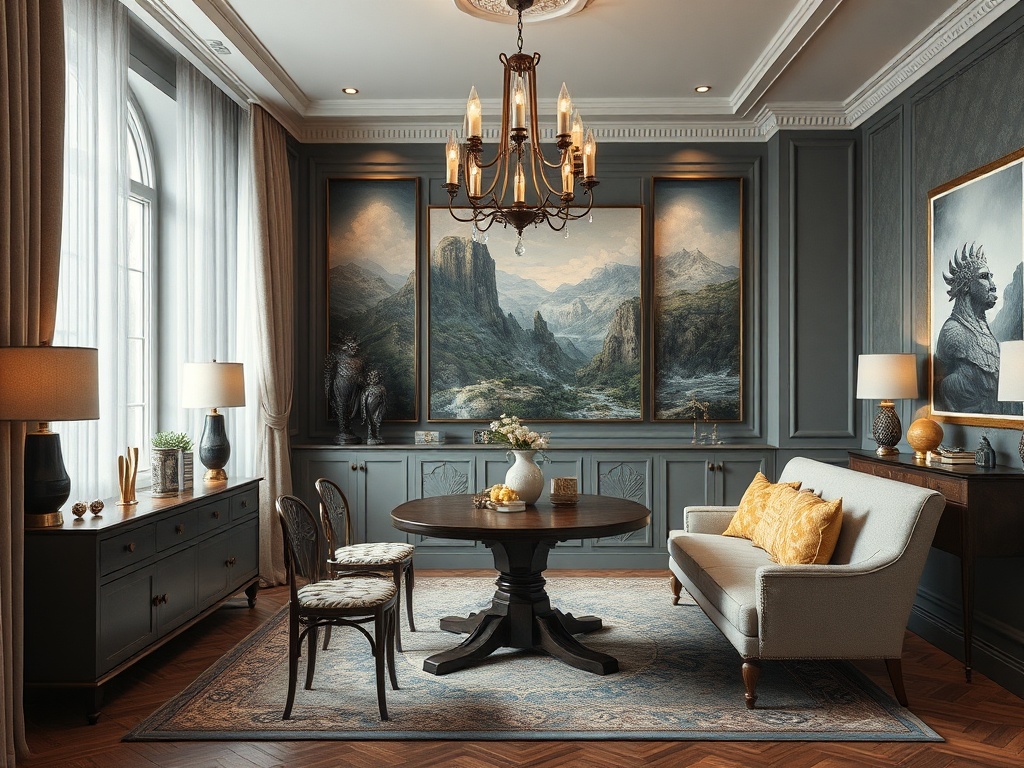 Элегантная гостиная с изображениями на стенах, удобным диваном и круглым столом. Светло и уютно.