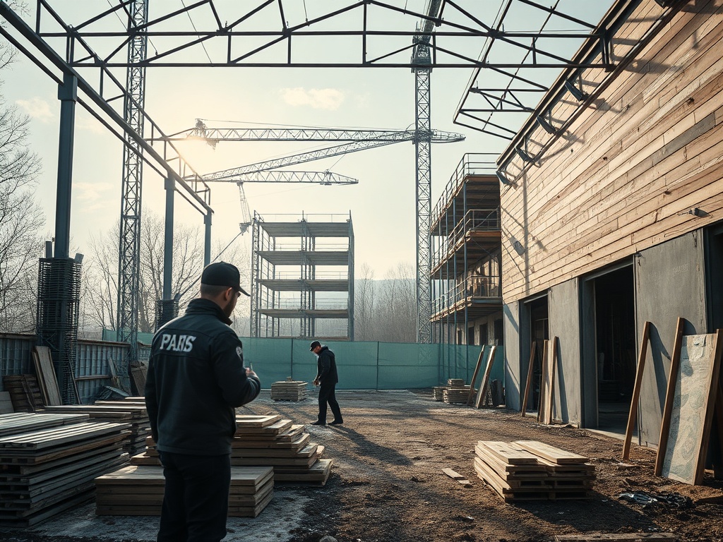 На строительной площадке два рабочих, окруженные деревом и металлоструктурами, поднимаются краны.