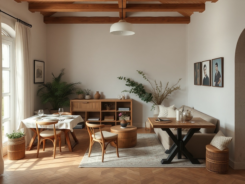 Светлая гостиная с деревянными потолками, уютной мебелью и зелеными растениями в оформлении.