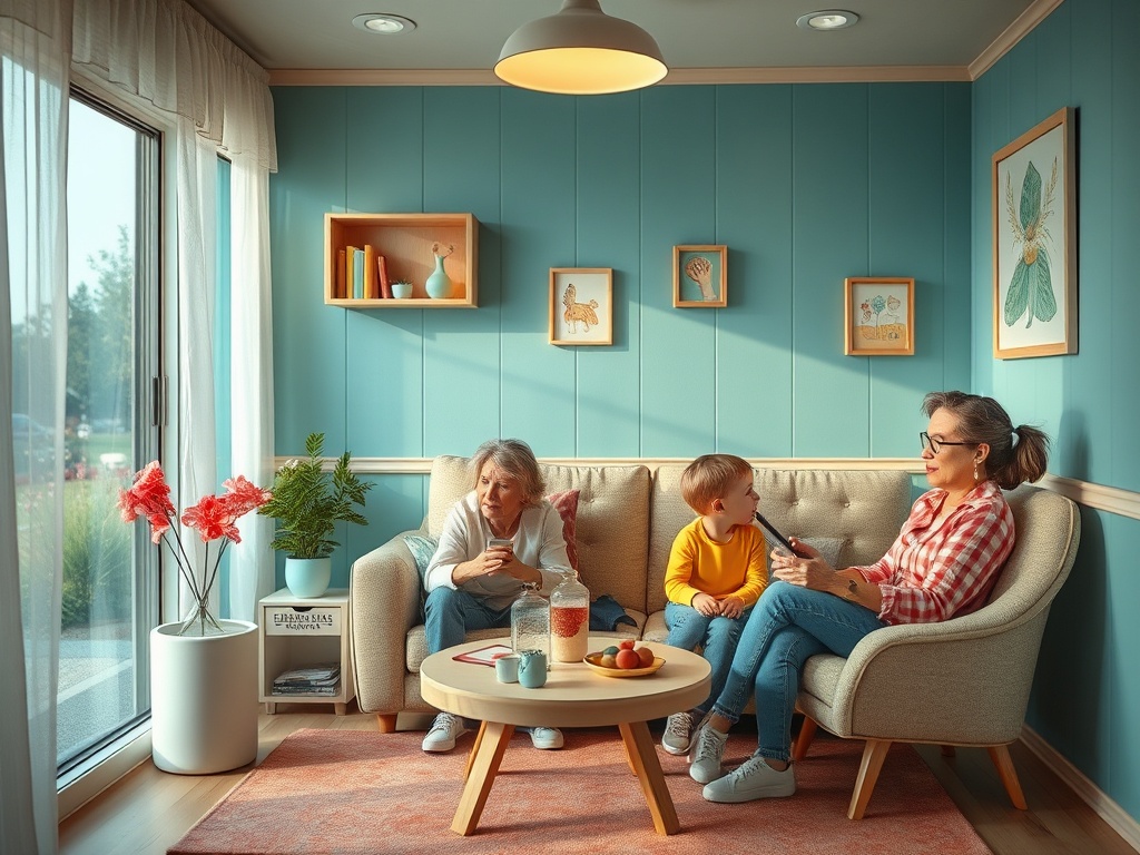 В уютной гостиной бабушка, мама и маленький мальчик проводят время вместе, наслаждаясь общением и игрой.