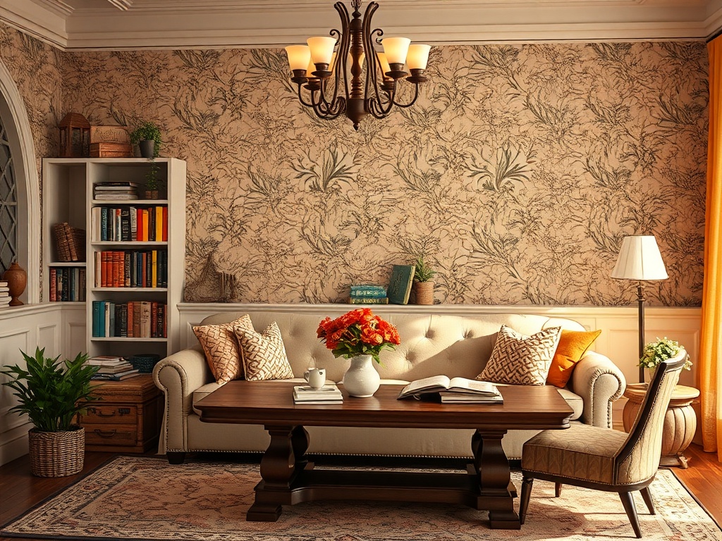 Уютная гостиная с диваном, столом, лампой и книжным шкафом на фоне обоев с растительным орнаментом.