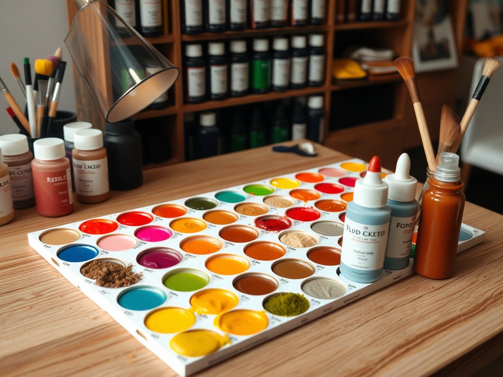 На столе расположена палитра с красками, кисти и баночки для рисования. Цвета разнообразные и яркие.