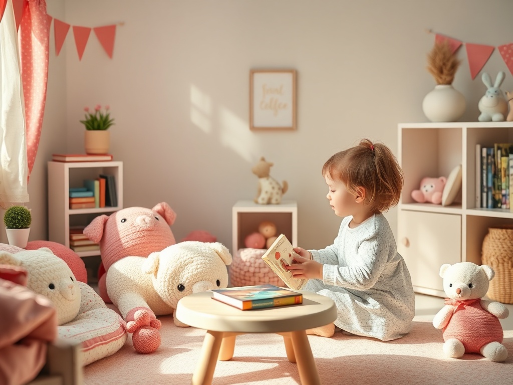 Маленькая девочка читает книгу на полу в уютной комнате, окружённая мягкими игрушками и светом.