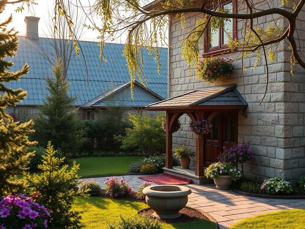 Красивая входная зона дома с цветами и зеленью, залитая солнечным светом. Уютная и приветливая атмосфера.