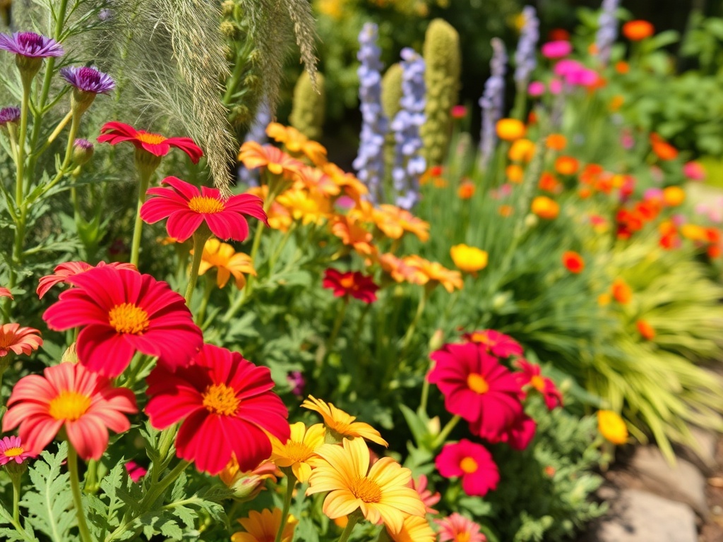 Яркие цветы разных оттенков, включая красные, оранжевые и синие, растут в зелёном саду.