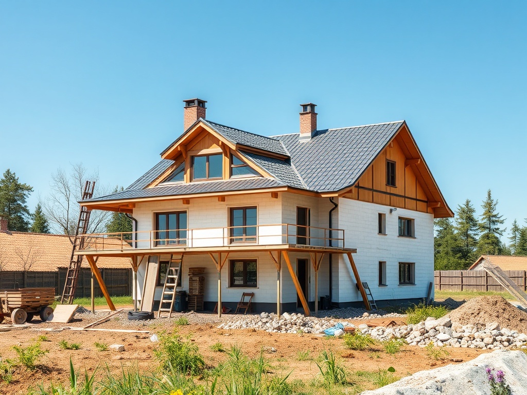 Современный дом с черной крышей и деревянными акцентами, окруженный строительным участком и greenery.