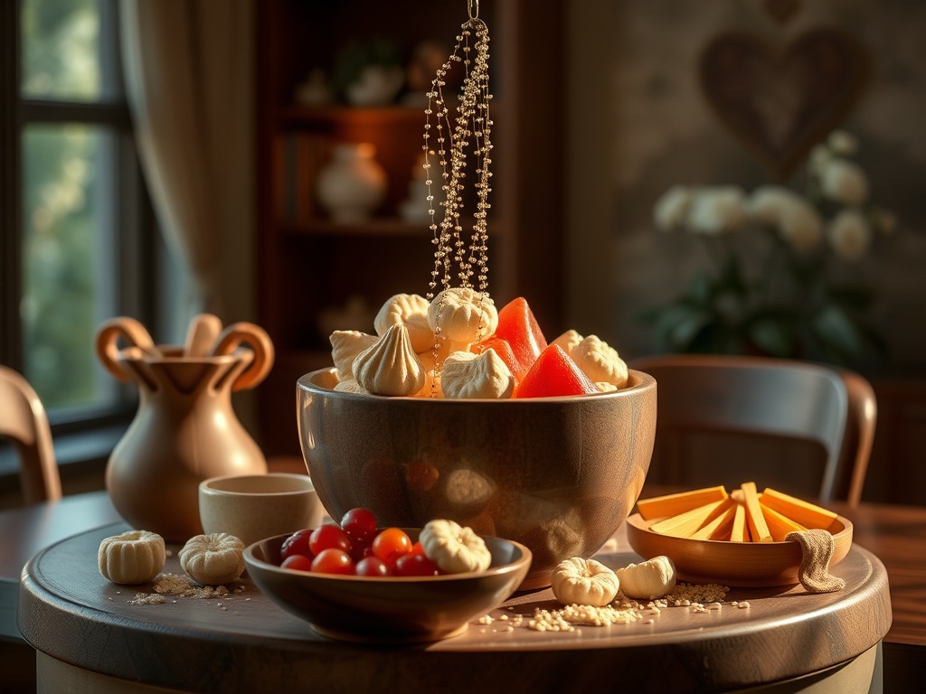 Большая чаша с десертами, нарезанными фруктами и орехами на деревянном столе в уютной обстановке.