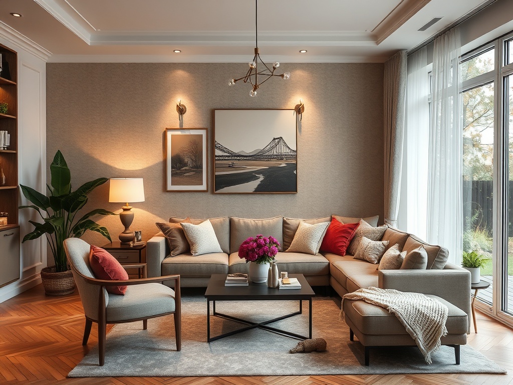 Современная гостиная с уютным диваном, декором и растениями, наполняющая пространство теплом и комфортом.