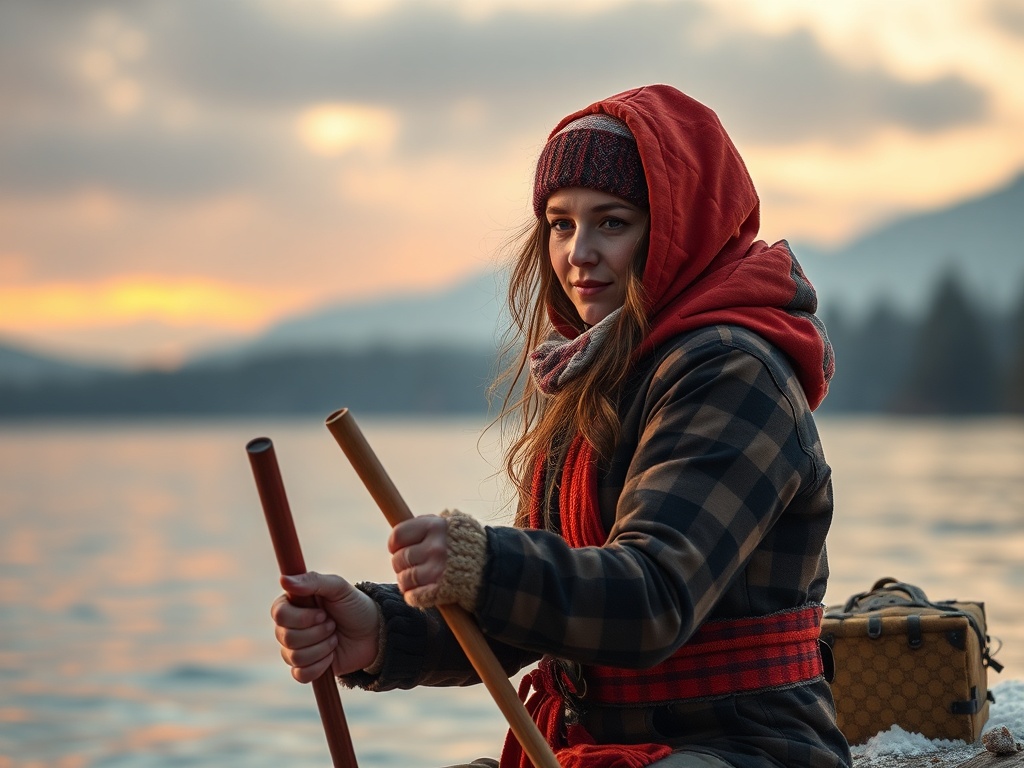 На берегу озера сидит девушка в красной шапке, держит деревянные палочки на фоне заката.