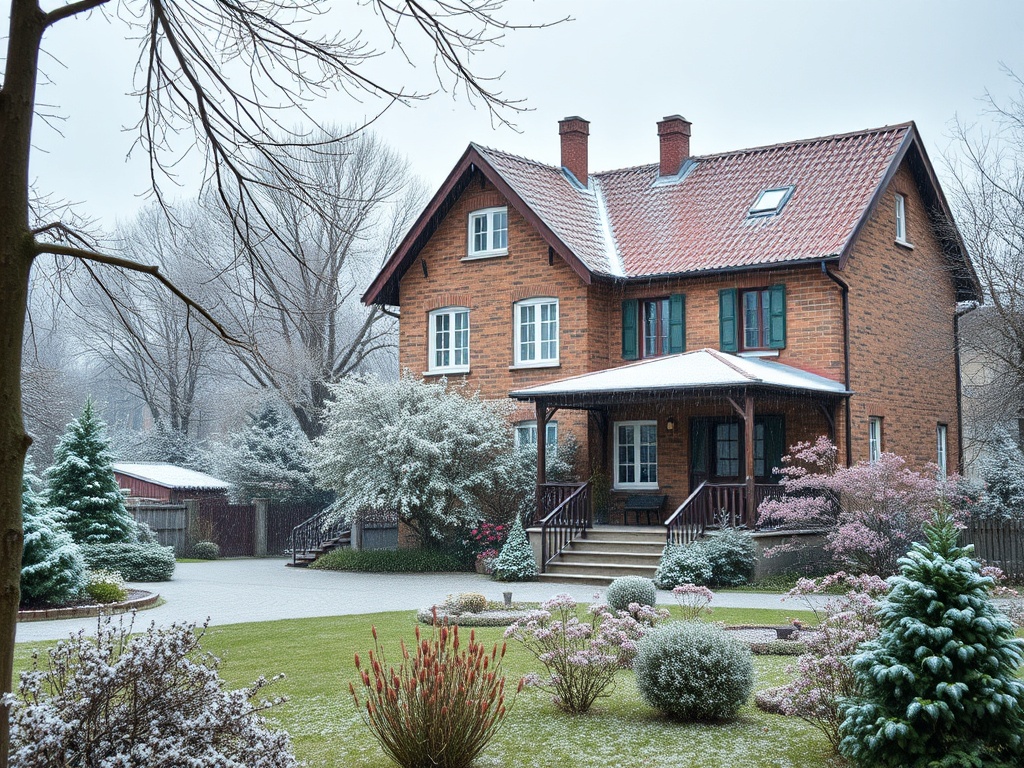 Деревянный дом с красной крышей, окруженный зеленью и небольшим снегом, в зимнем пейзаже.