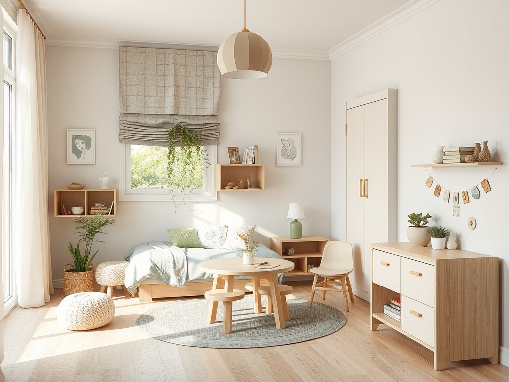 Яркая комната с детской мебелью, уютным столом и растениями. Светит солнечный свет.