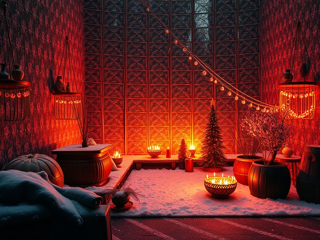 Уютная комната с красным освещением, свечами и снежным декором, создающая атмосферу тепла и спокойствия.